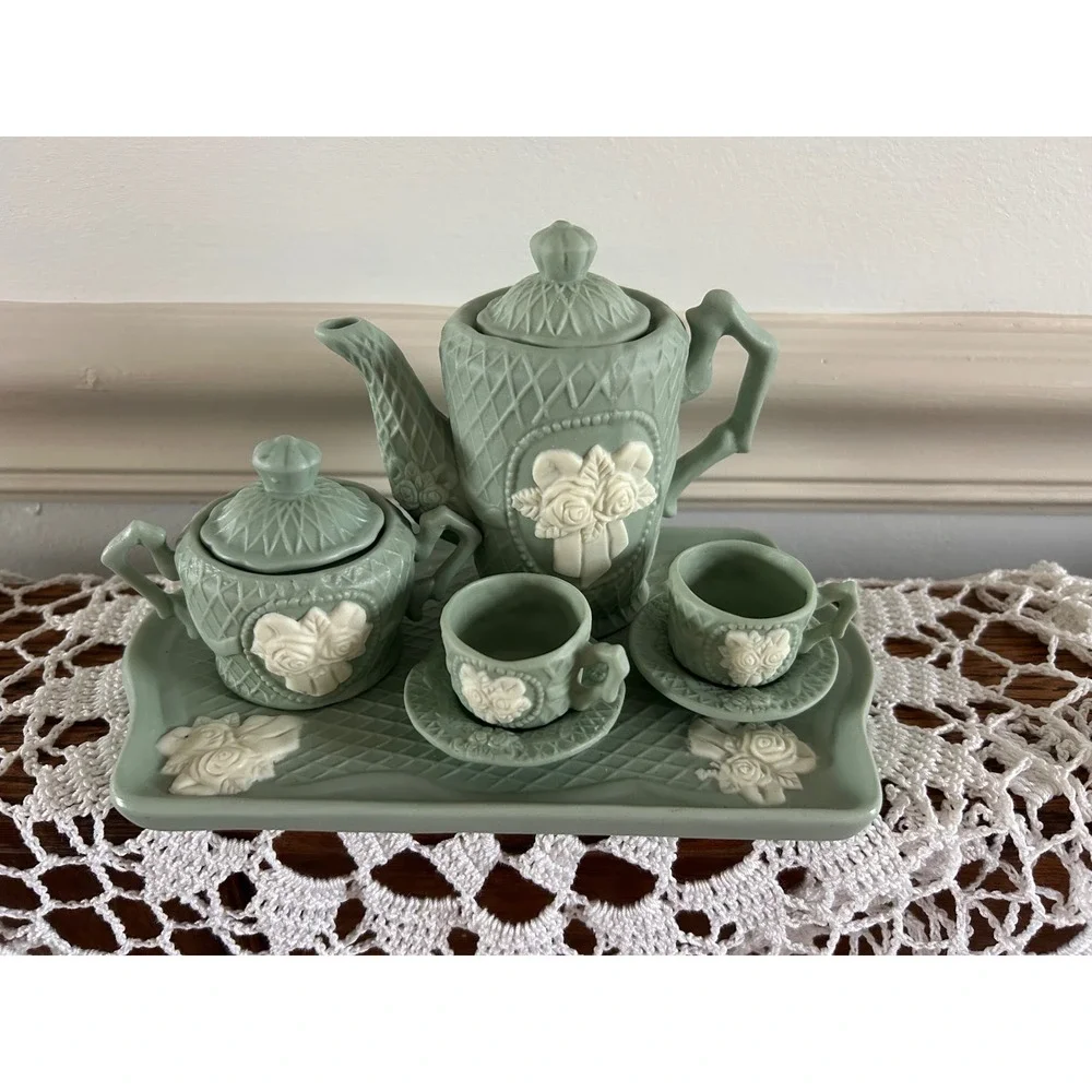 Miniature Sage Green Jasperware Style Tea Set Floral Bas-Relief 9pc Collection
